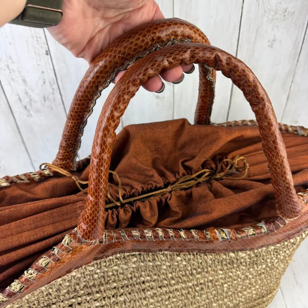 VTG Beirn Brown Cotton Raffia and Leather Trim Shoulder Tote Bag Hand Made